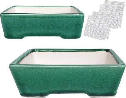 Set of 2 Zisha White Clay Bonsai Pot Glazed Shallow Succulent Planter Green