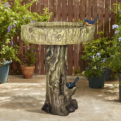 watnature 24.4” H Fibre Reinforced Concrete Outdoor Garden Bird Bath with Birds, Woodland Tree Trunk Decoration Yard Statue，Pedestal Birdbaths for Outdoors, Garden, Patio, Lawn, Backyard