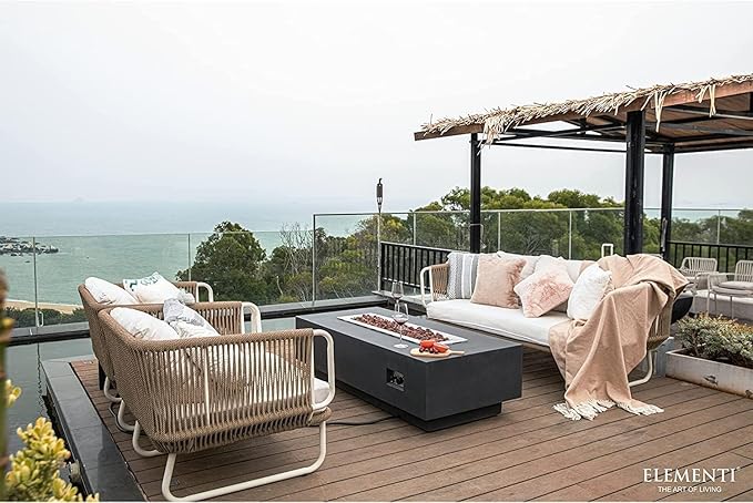 Elementi Granville Gas Fire Pit Bundle Concrete Fire Table, Outdoor Fire Pit Electronic Ignition | Canvas Cover, Lava Rock Included | Free AMS Wind Guard | Dark Gray (Natural Gas)