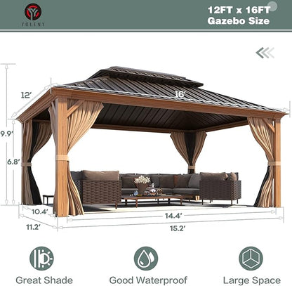 YOLENY 12'x16' Hardtop Gazebo, Wood Grain Aluminum Frame Outdoor Gazebo with Double Galvanized Steel Roof, Permanent Metal Pavilion with Curtains and Nettings for Patio, Backyard, Deck and Lawns