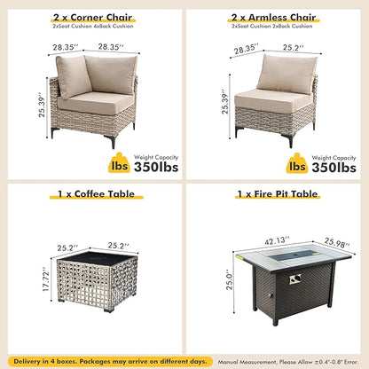 Outdoor Sectional Patio Furniture Set with Fire Pit Table and Glowing Table,6 Pieces Wicker Conversation Sets L Shaped Couch Out Door Sofa Set Outside Furniture for Garden Deck Yard,Beige
