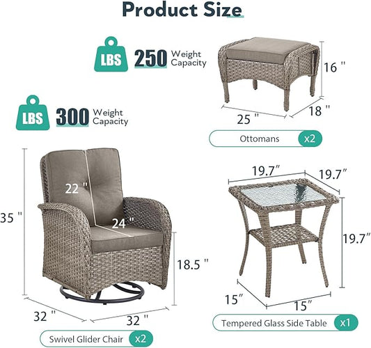 Outdoor Swivel Glider Rocker Chairs Set- 5 Piece Patio Furniture Set, Patio Bistro Sets with Tempered Glass Side Table and 2 Ottoman, for Balcony, Porch - Grey Wicker Grey Cushion