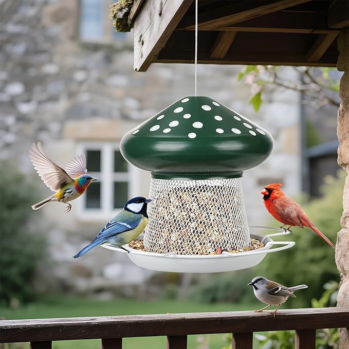 Bird Feeder, Heavy Duty Metal Bird Feeders for Outdoor Hanging, Cute Mushroom Shape Wild Birdfeeder for Outside Garden Yard (Green)