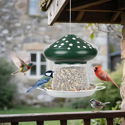 Bird Feeder, Heavy Duty Metal Bird Feeders for Outdoor Hanging, Cute Mushroom Shape Wild Birdfeeder for Outside Garden Yard (Green)