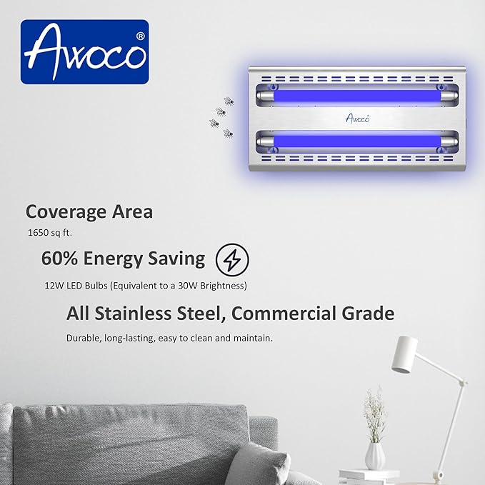 Awoco 12W LED Stainless Steel 100V-240V Wall Mount Sticky Fly Trap Lamp for Capturing Flies, Mosquitoes, Moths and Flying Insects, Perfect for Home, Restaurants, Warehouses (with 6 Glue Boards)