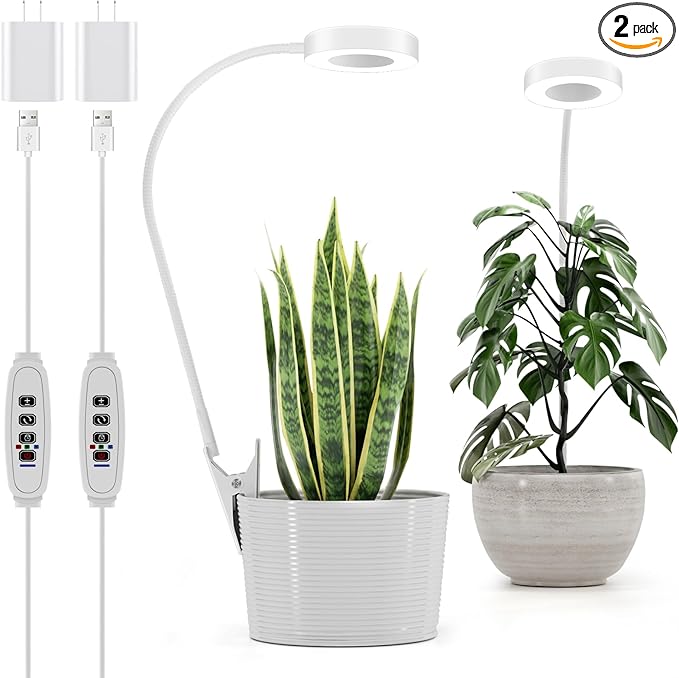 Grow Lights for Indoor Plants Full Spectrum, Clip-on LED Plant Lights for Indoor Growing with Auto On/Off Timing 3/9/12 Hrs, 10 Dimmable Levels, 3 Spectrum Modes & Adjustable Gooseneck, White, 2 Pack