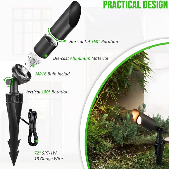 wowlite Landscape Spotlights 4 Pack, ETL Listed Low Voltage Spot Lights Outdoor with 5W MR16 Bulbs, 2700K Warm White Waterproof Up Lights with Ground Stake for House Trees Patio