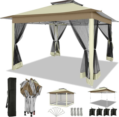 COBIZI 12x12 Pop up Gazebo on Clearance with Mosquito Netting & Sandbags, Outdoor Canopy Tent with 4 Ropes 8 Stakes & Portable Carrying Bag, Patio Portable Gazebo for Garden Backyard & Lawn,Khaki