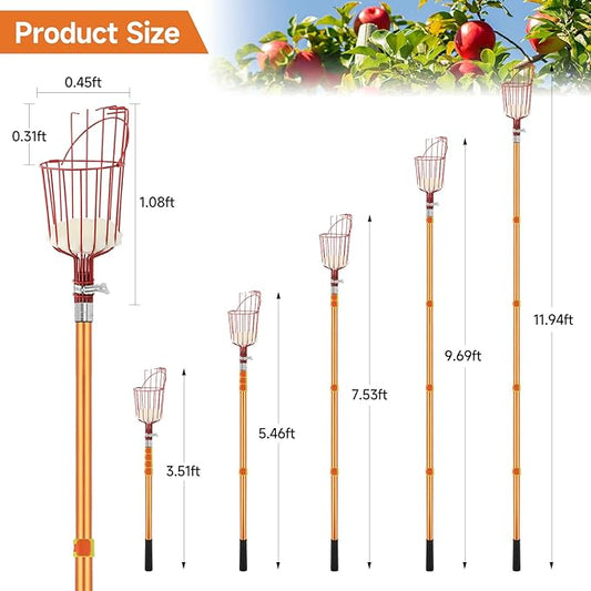 SANLIKE Fruit Picker Tool 12FT Telescoping Fruit Picker Pole, Easy to Assemble Twist-On Apple Basket, Lightweight Aluminum Fruit Picking Equipment for Getting Fruits Apple Orange Pear Mangoes
