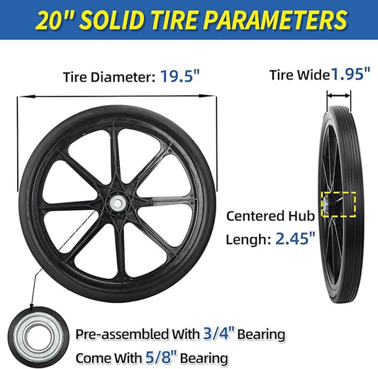 20" Flat Free Tire and Wheel, with 3/4" & 5/8" Bearing, 2.45" Centered Hub, Replacement Wheel For Rubbermaid Wheelbarrow, Garden Yard Cart, 2 Pcs