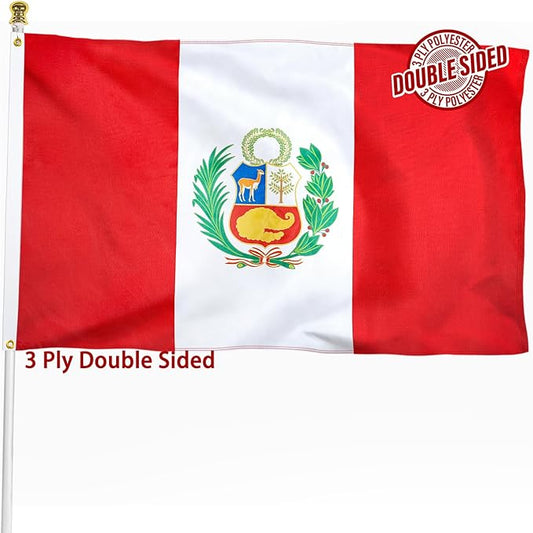 Peru Peruvian Flag 3x5 ft Outdoor, Double Sided 3 Ply Heavy Duty Peru National Country Flag, 100% Quality Polyester Peruvian Banner with Brass Grommets 4 Rows Stitches