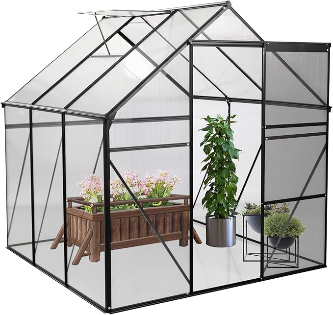 6x6 FT Polycarbonate Walk-in Greenhouse,All Season Garden Green Houses,Aluminum Hot House w/ Raised Base,Adjustable Vent Roof & Sliding Door for Outdoor Backyard,Easy to Install,Black
