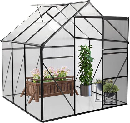 6x6 FT Polycarbonate Walk-in Greenhouse,All Season Garden Green Houses,Aluminum Hot House w/ Raised Base,Adjustable Vent Roof & Sliding Door for Outdoor Backyard,Easy to Install,Black