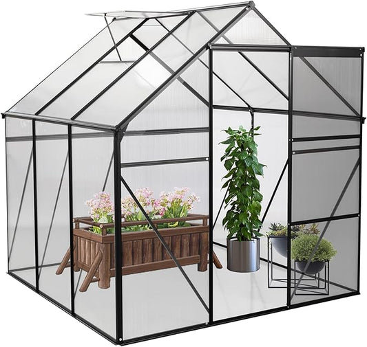 6x6 FT Polycarbonate Greenhouse with Sliding Door and Adjustable Roof, Heavy Duty Aluminum Walk-in Greenhouses w/ Raised Base for Outdoor Garden Backyard,Black