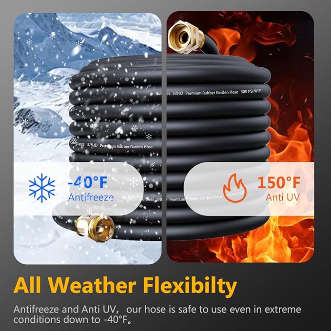 50FT 5/8 Heavy Duty Rubber Garden Hose - 200psi Working, 1000psi Burst - Hot/Cold Water - Five-Layered Braiding for Durability - Versatile for Gardening, Agriculture, Construction(Black)