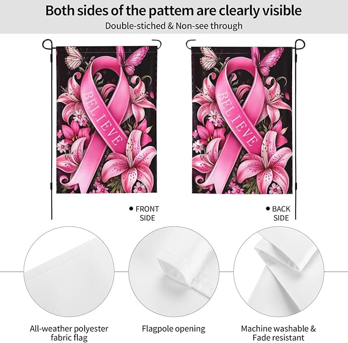 Breast Cancer Garden Flag Vertical Double Sided Outdoor Yard Flags 12.5x18 Inch Burlap Banners for House Lawn