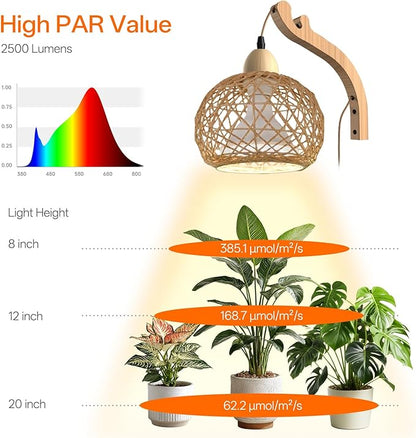Bstrip Hanging Grow Lights for Indoor Plants, 18W Full Spectrum, Boho Rattan Lantern Shade, 3800K Wall-Mounted Decorative Plant Light with 9.8FT Power Cord, Ideal for Tall Plants, Flowers