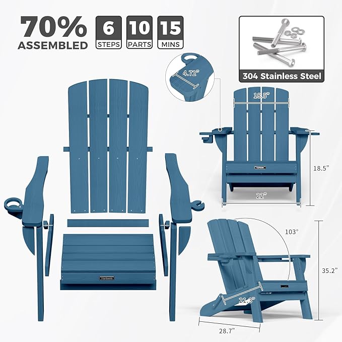 Folding Adirondack Chair Wood Texture 4 Pack, HDPE All-Weather Fire Pit Chairs, Plastic Adirondack Chairs with 2 Cup Holder, Outdoor Lawn Chair for Patio Garden (Navy Blue)
