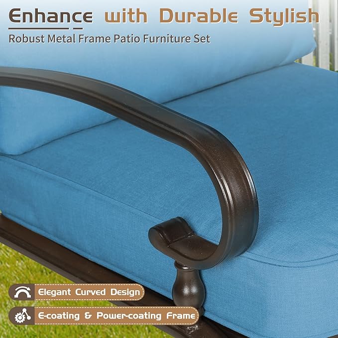 7-Piece Outdoor Metal Furniture Sets Patio Conversation Set, Wrought Iron Loveseat, 2 Dining Chairs, 2 Spring Chairs and Coffee Table, Peacock Blue