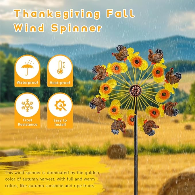 DREAMYSOUL Sunflower and Rooster Fall Wind Spinners, Outdoor Fall Decorations, Metal Kinetic Wind Spinners Chicken Farmhouse Garden Lawn Yard Decor, Fall Harvest Thanksgiving Gifts