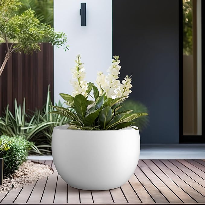 Kante 15.7" Dia Round Concrete Planter, Outdoor/Indoor Large Bowl Plant Pots with Drainage Hole and Rubber Plug for Garden Patio Balcony Home, Pure White