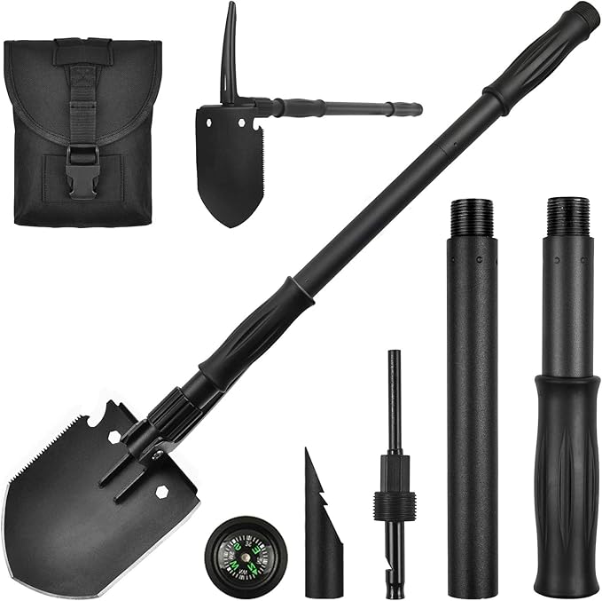 Survival Shovel, (28.3'') Camping Folding Shovel, Military Spade Multitool, Tactical Trench Tool, with Pickaxe, Compass, Whistle, Molle Bag for Digging, Metal-Detecting, Off Roading, Emergency