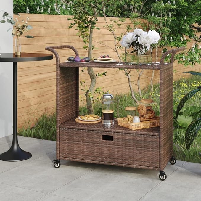 Outdoor Rolling Wicker Bar Cart with Drawer, Portable Bar Cart with Wheels, Patio Kitchen Island Cart for Pool Deck Backyard, Brown 39.4"x17.7"x38.2" Poly Rattan -459