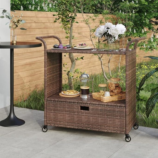 Outdoor Rolling Wicker Bar Cart with Drawer, Portable Bar Cart with Wheels, Patio Kitchen Island Cart for Pool Deck Backyard, Brown 39.4"x17.7"x38.2" Poly Rattan -459
