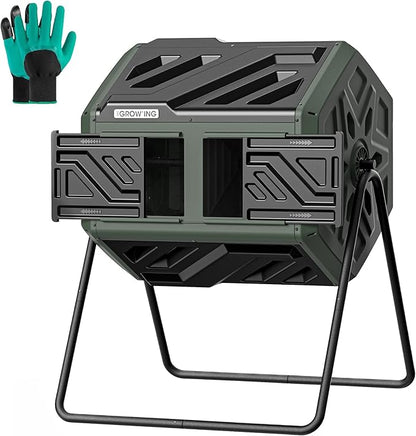 THEGROW'ING Updated 43 Gallon Compost Bin Outdoor, Fast Assemble Tumbling Composter, Dual Chamber Composter Tumbler, Rotating Compost Bin for Outside, Backyard, Garden and Yard, Green