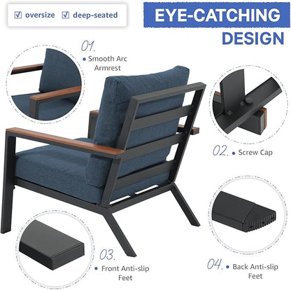 Soleil Jardin Aluminum Patio Furniture Set with FSC Certified Solid Wood Top Armrest & Coffee Table, Outdoor Deep Seating Sectional Sofa, 5 Piece Conversation Sets w/Removable Cushion, Denim Blue