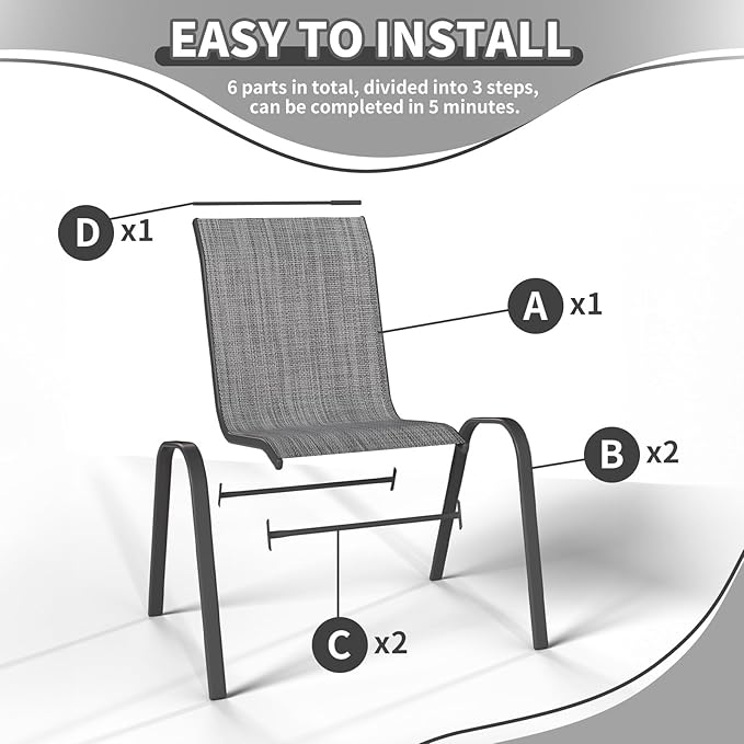 Patio Dining Chairs Set of 4, Stackable Dining Chairs High Back, Breathable Seat Fabric and Alloy Steel Frame for Backyard, Porch, Garden, Sunroom (Grey)