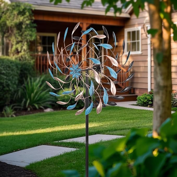 DREAMYSOUL Wind Spinner Outdoor, 23" Dia Metal Windmills with Blue and Copper Leaves, Kinetic Wind Spinners & Sculpture for Yard and Garden