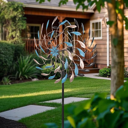 DREAMYSOUL Wind Spinner Outdoor, 23" Dia Metal Windmills with Blue and Copper Leaves, Kinetic Wind Spinners & Sculpture for Yard and Garden