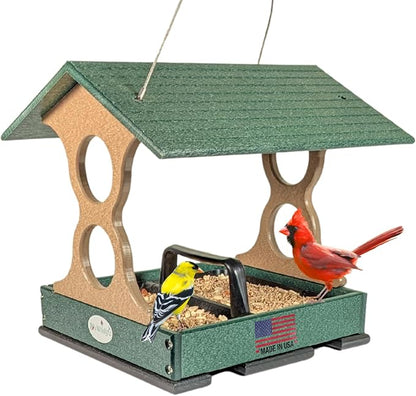 JCS Wildlife Medium Poly Fly-Thru Bird Feeder w/Removable Seed Tray - Holds 4 Cups of Bird Seed to Attract Cardinals, Chickadees, and More Backyard Birds (Green)