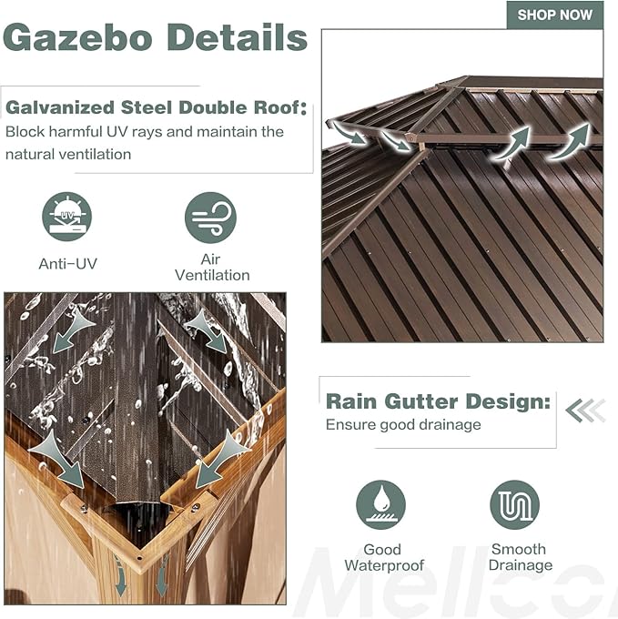 MELLCOM 12'x16' Wood Looking Hardtop Gazebo, Aluminum Frame and Galvanized Steel Double Roof, Metal Outdoor Gazebo with Curtains and Nettings for Deck Backyard and Patio