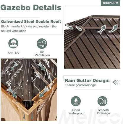 MELLCOM 12'x16' Wood Looking Hardtop Gazebo, Aluminum Frame and Galvanized Steel Double Roof, Metal Outdoor Gazebo with Curtains and Nettings for Deck Backyard and Patio