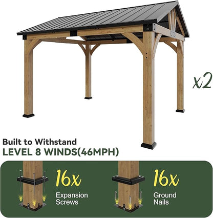 10x24 ft Cedar Wood Gazebo, Hardtop Gazebo with Galvanized Steel Peak Roof, Outdoor Pavilion for Snow Support, Wind Resistance, PowerPort, Shade for Garden, Patio, Deck