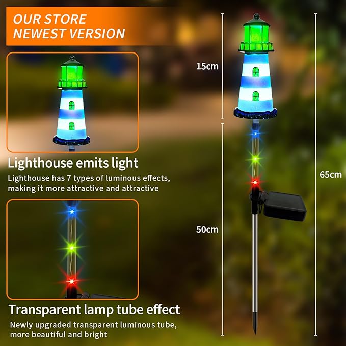 Solar Lighthouse Outdoor Decor (2PACK) Ideal for pathway lighting in gardens, walkways, and patios. Enhances garden, lawn, planter, backyard, and courtyard decor. Nautical-Style Outdoor Solar Lights
