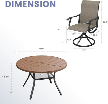 VICLLAX 5 Pieces Outdoor Dining Set, Patio Furniture Set of 4 Patio Swivel Dining Chairs and 40.6" Patio Spliced Round Tabletop with Storage Shelf, Mixed Brown Chairs & Walnut Tabletop