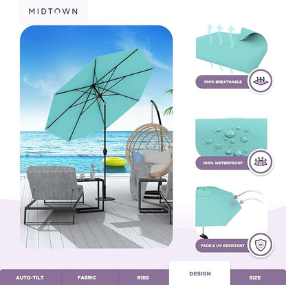Midtown Umbrellas Sunbrella Umbrella 9 Feet Outdoor Umbrella With Sunbrella Aruba Acrylic Fabric - Auto-Tilt Aluminum Frame Patio Umbrella For Backyard, Deck, Garden, Pool - Black Pole
