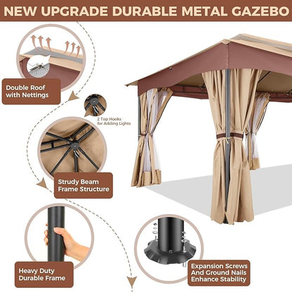 COBIZI Gazebo 12x20 Heavy Duty Gazebos with Curtain and Netting Outdoor Gazebo Canopy Double Roof Patio Gazebos with Metal Steel Frame for Patio, Deck, Backyard (Khaki)