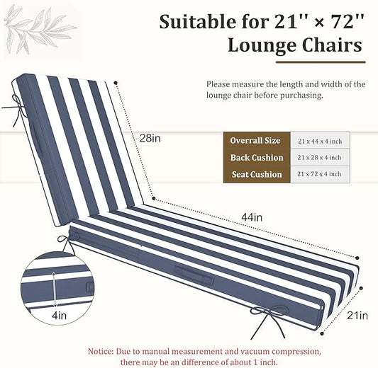 Chaise Lounge Cushions Outdoor Furniture 72 x 21 Inch Olefin Patio Lounge Chair Cushions 4'' Thick Waterproof Outdoor Chaise Cushion Weather Resistant Pool Lounger Cushion (Navy Stripe)