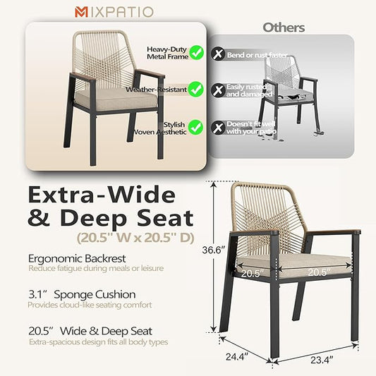 Patio Wicker Chair Sets of 2, Outdoor Dining Chairs with 3.1 inch Seat Cushions, Sturdy Metal Frame & Wood Grain Armrest, Beige