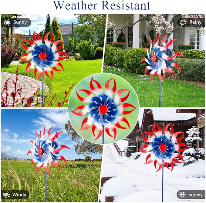Wind Spinners Outdoor, 15 Inch Dia Metal Wind Sculpture & Spinner, Red White Blue Patriotic Kinetic Windmill for Garden Yard, 4th of July Independence Day Decor, 58" Tall