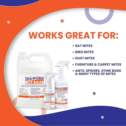 Mite Killer Spray by Mite-B-Gone — Kills Human Mites, Bird, Dust, Spider, Rat, Turkey, Carpet Mites. Treatment for Homes, Furniture, Bedding, Auto & Animals | Non-Toxic | Kid & Pet Safe | 16oz Spray