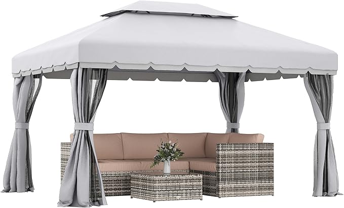 Outsunny 10' x 13' Patio Gazebo, Outdoor Gazebo Canopy Shelter with Netting and Curtains, Aluminum Frame for Garden, Lawn, Backyard and Deck, Light Gray