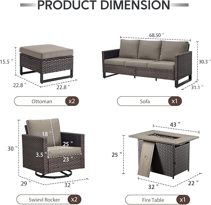 6 Piece Wicker Patio Furniture with Fire Pit Table - Outdoor Conversation Set with 50,000 BTU Fire Pit, All Weather Rattan Patio Set for Deck Backyard Garden - Brown Wicker Grey Cushion