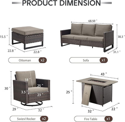 6 Piece Wicker Patio Furniture with Fire Pit Table - Outdoor Conversation Set with 50,000 BTU Fire Pit, All Weather Rattan Patio Set for Deck Backyard Garden - Brown Wicker Grey Cushion