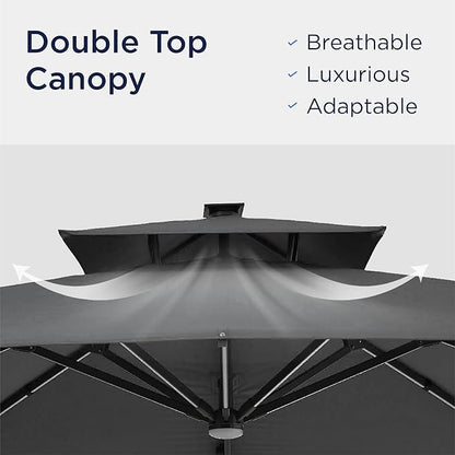 10x10 FT Cantilever Patio Umbrella with Led Lights Double Top Outdoor Square Heavy Duty Offset Umbrellas 360°Rotation Free-motion Track Tilt Windproof for Pool Deck Garden, Grey