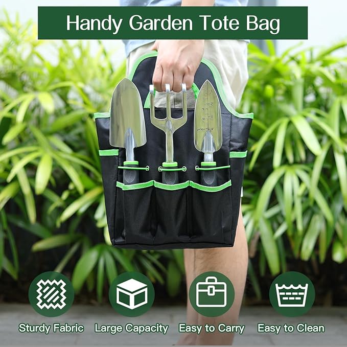 Housolution Gardening Tools Set, 8PCS Heavy Duty Garden Tools with Non-Slip Rubber Grip with Large Garden Bag for Tools Aluminum Alloy Hand Tools for Gardening,Gardening Gifts for Women and Men, Green